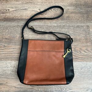 Fossil Tara Leather Crossbody Bag Black Brown Colorblock Gold Hardware